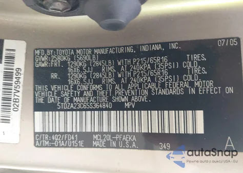 2005 Toyota Sienna Ce from USA, damaged, VIN 5TDZA23C65S364840